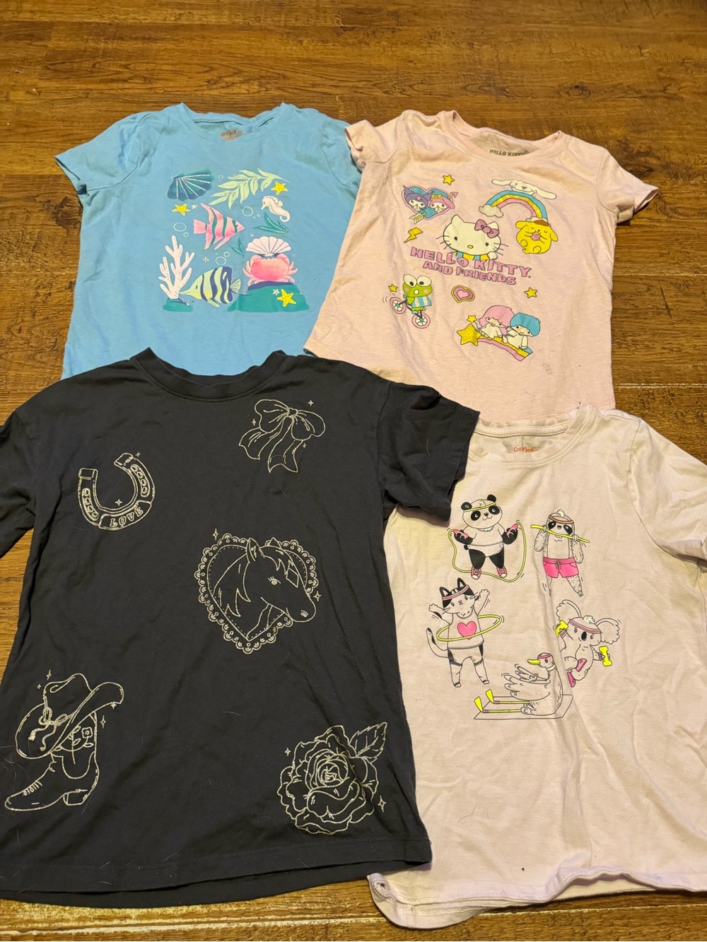 Girls lot of tee shirts size 8 hello kitty, western horses, beach